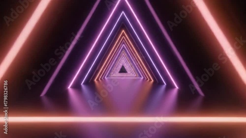Abstract Neon Light Tunnel with Glowing Triangles and Reflective Floor.