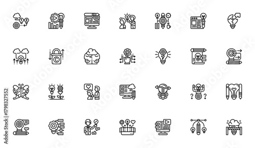 Design Thinking icon set. Vector illustration. Inclues symbols for idea, innovtion, problem solving, cretivity, brainstorming, flochart, empathy and more.