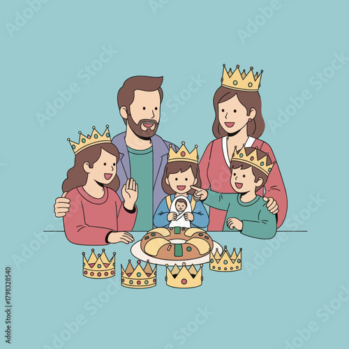Happy family celebrating dia de reyes with rosca de reyes and golden crowns. Holiday concept.