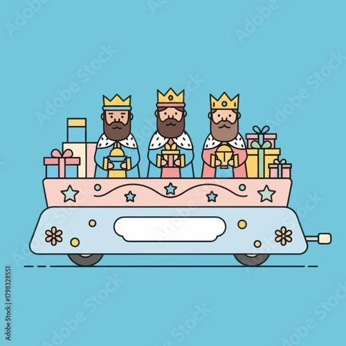 Three kings with gifts on a parade float. Celebrating epiphany day, vector illustration.