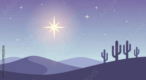 Desert landscape with cactus silhouettes, sand dunes, night sky and bright star.