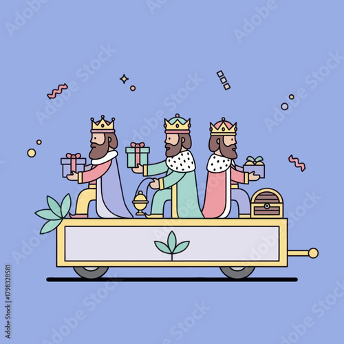 Three kings with gifts on a trailer, celebrating epiphany. Magi bringing presents.