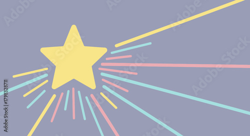 Stylized star with colorful light rays emanating, vector graphic with light purple background.