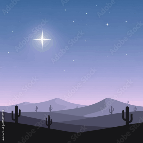 Pixel art of a desert landscape with cactus silhouettes under a starry night sky.