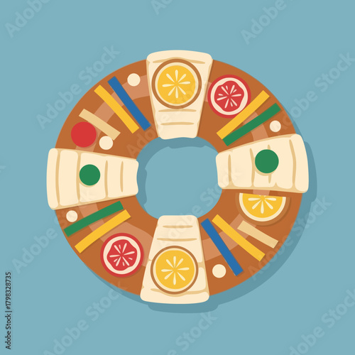 Rosca de reyes flat vector illustration on blue background. Traditional mexican bread.
