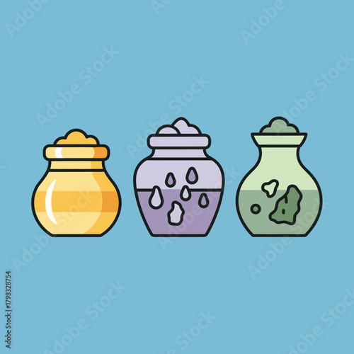 Set of three colorful potion bottles with different ingredients for fantasy concepts.