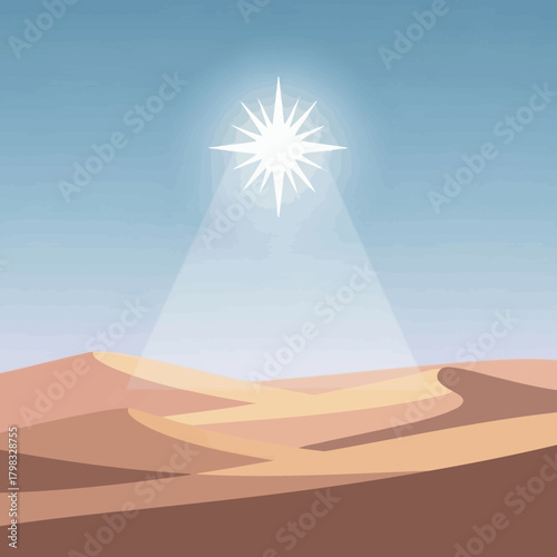 Star of bethlehem illustration shining over desert landscape, religious christmas concept.