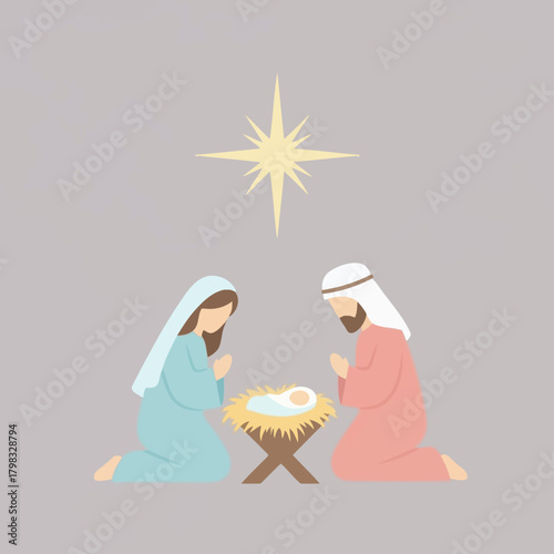 Nativity scene with mary, joseph and baby jesus in a manger under the star of bethlehem.