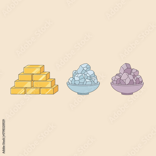 Gold bars, light blue crystals, and purple gems in bowls, representing wealth and value.