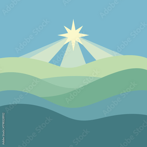 Rolling hills landscape with a shining star in the sky, evoking a sense of tranquility.
