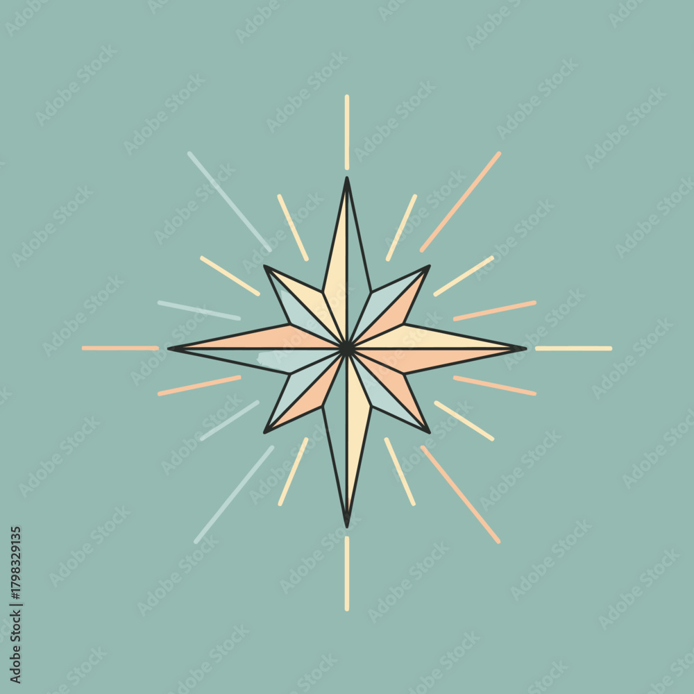 Fototapeta premium Eight pointed star with colorful rays on a blue background. Navigation and guidance.