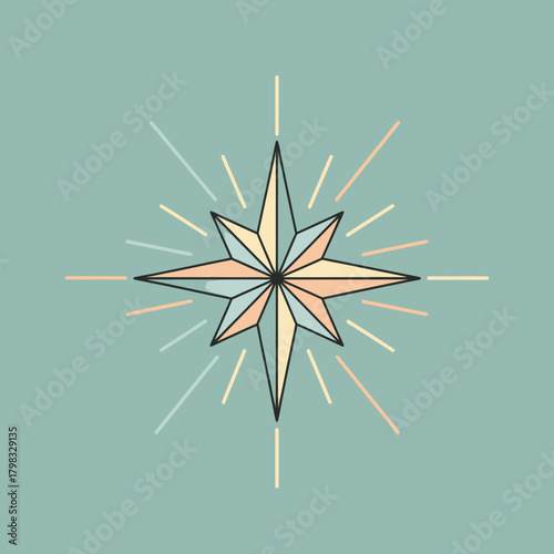 Eight pointed star with colorful rays on a blue background. Navigation and guidance.