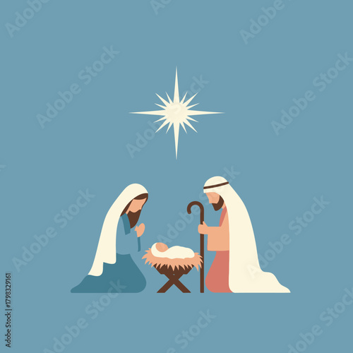 Nativity scene with mary, joseph, and baby jesus under the star of bethlehem. Vector.