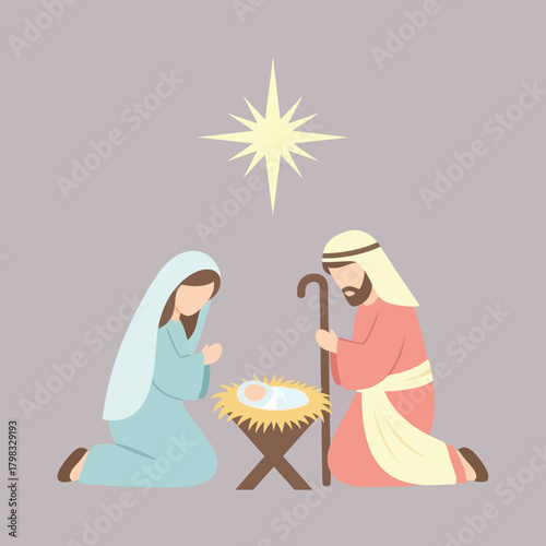 Nativity scene illustration of mary, joseph and baby jesus with star of bethlehem.