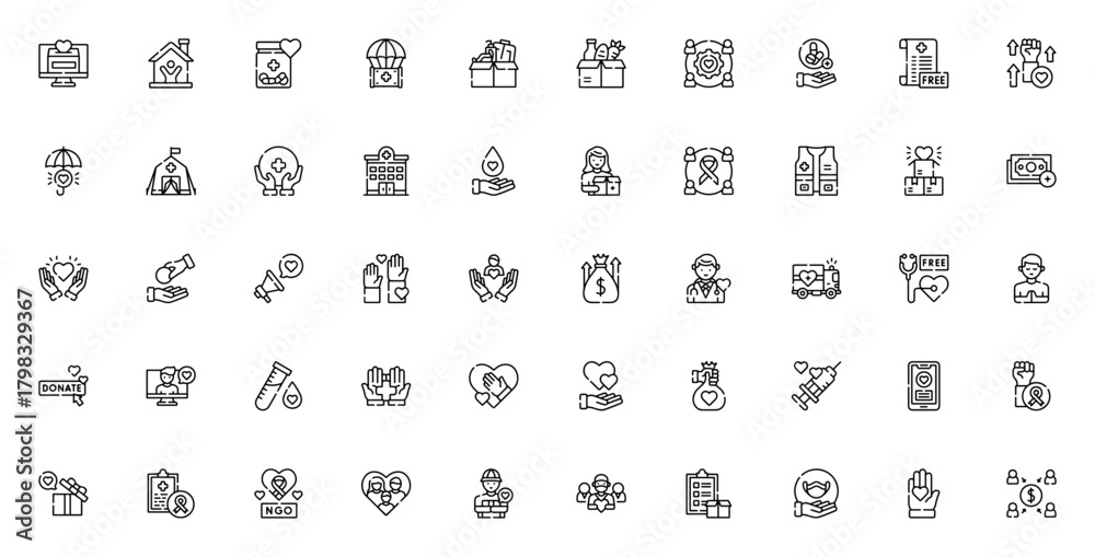 Fototapeta premium Kindness icon set. Charity vector illustration. Featring donation, volunteer, edical care, fundraising, olidarity, support and mor. Editable stroke.