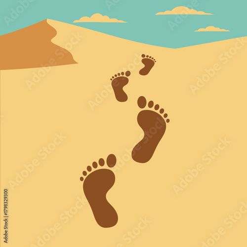 Footprints in the sand leading towards a dune under a blue sky with fluffy clouds.