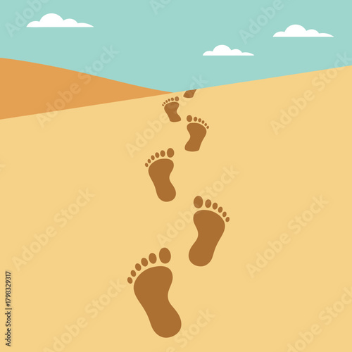 Footprints in the sand leading into desert dunes under a blue sky with clouds. Vector.