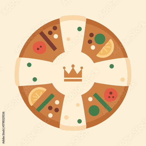 Rosca de reyes vector illustration. Traditional epiphany cake with candied fruit toppings.