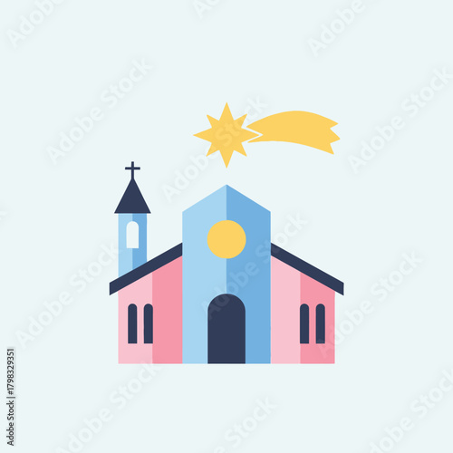 Stylized vector of a church with a cross on the tower and a star of bethlehem above.