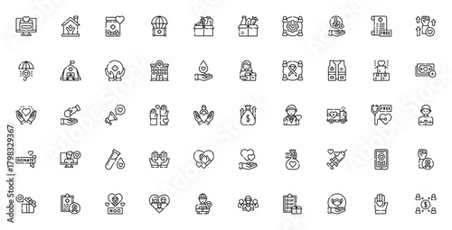 Kindness icon set. Charity vector illustration. Featring donation, volunteer, edical care, fundraising, olidarity, support and mor. Editable stroke.