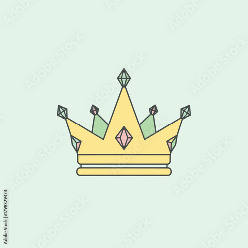 Stylized vector illustration of a golden crown with jewels on a light green background.