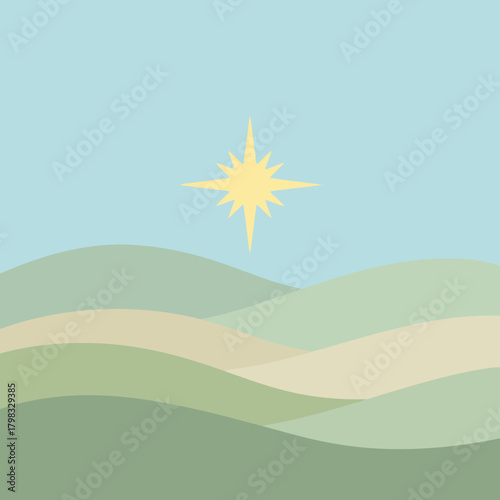 Pastel hills landscape with a star shining brightly in the sky. Serene and peaceful scene.