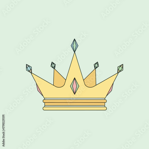 Cartoonish golden crown with colorful gems. Symbol of royalty, leadership and power.