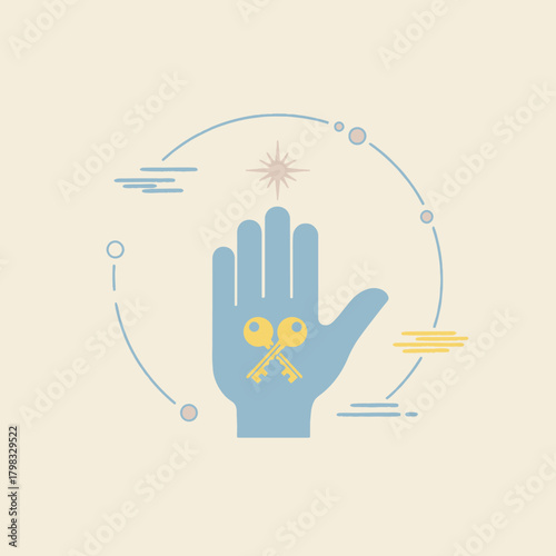 Blue hand holding crossed keys with a star above, surrounded by a circular design.