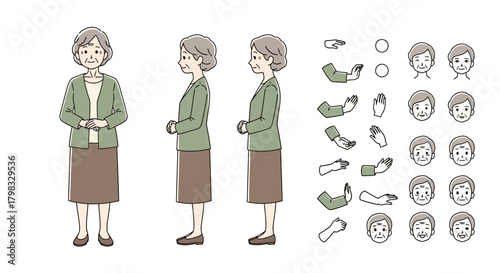 Mature Woman Character Design Front, Side, and Expression Variations