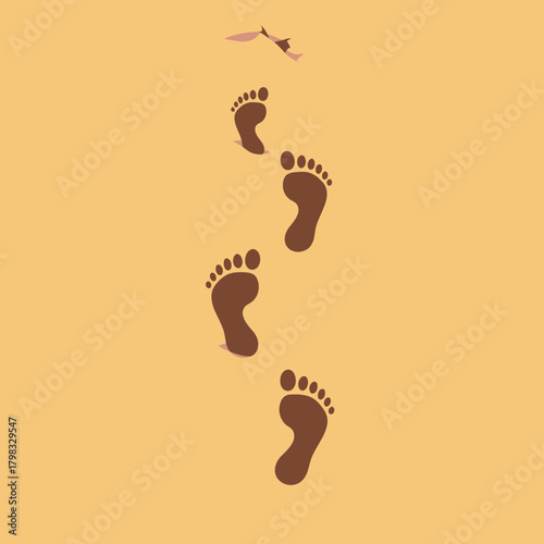 Footprints in the sand leading away, concept of travel, vacation, and exploration.