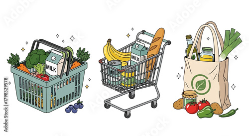Fresh Grocery Haul Basket, Cart, and Eco-Friendly Bag Overflowing with Healthy Foods