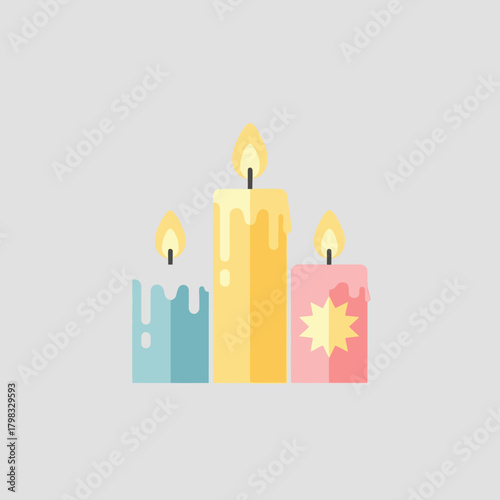 Three burning candles of different colors and sizes with melting wax in vector format.