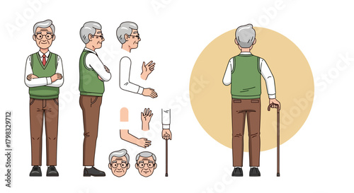 Illustrated Elderly Man Character Design with Cane Full Body Poses and Parts