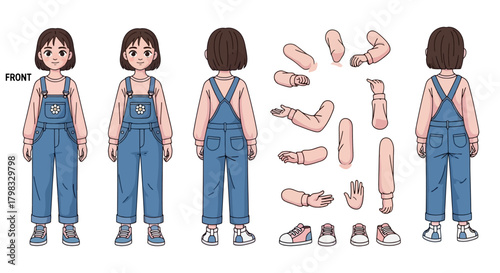 Cartoon girl character design with interchangeable arms and legs for animation