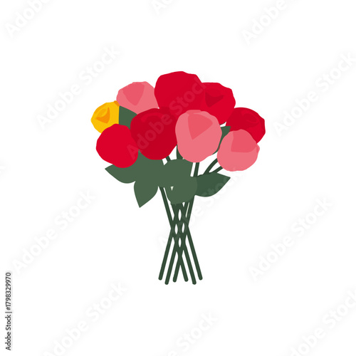 Simple Bouquet of Red, Pink, Yellow Roses on White