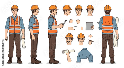 Construction Worker Cartoon Character Builder Kit with Tools and Poses