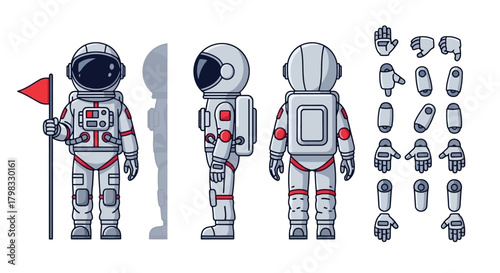 Astronaut in Space Suit Front, Side, and Back Views for Animation Design
