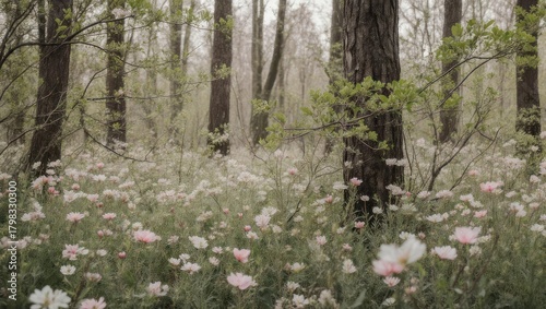 Enchanting Forest Floor Carpeted with Delicate White Wildflowers.