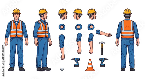 Construction Worker Illustration with Editable Parts for Animation and Design Projects