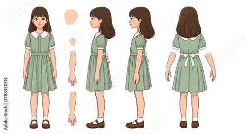 Model Sheet of Girl in Dress Front, Side, and Back Views for Animation Design