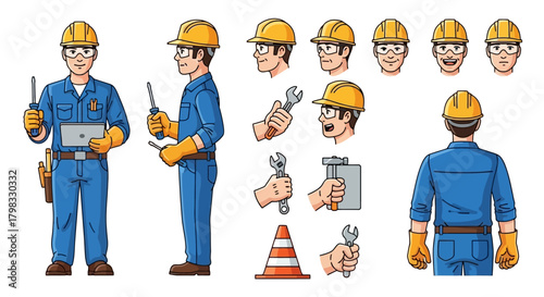 Cartoon Engineer Character with Tools and Expressions for Project Use