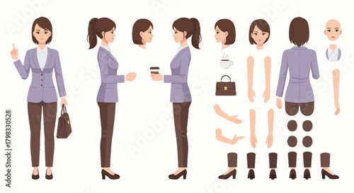 Cartoon Businesswoman Character Creation Kit with Vector Asset Parts