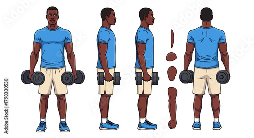 African American Man Lifting Dumbbells in Various Poses