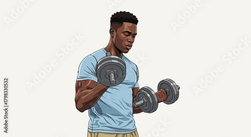 Man lifting dumbbells vector illustration Strength training, fitness and healthy lifestyle concept