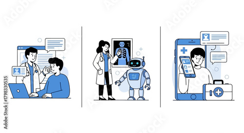 Medical Technology Innovation Doctor, Robot, and Mobile Health Consultation Illustration