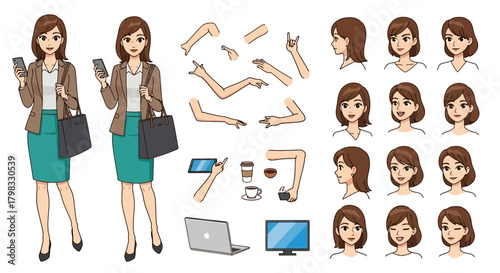 Business Woman Illustration with Accessories and Different Facial Expressions