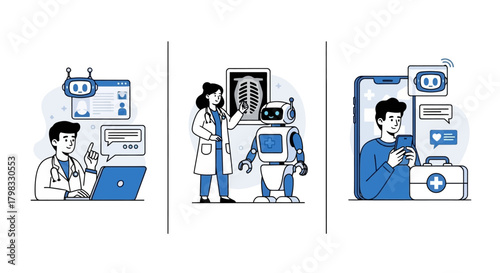 Healthcare AI Doctors Utilizing Robotics & Tech for Patient Care Illustration