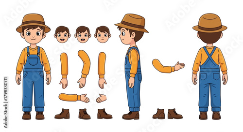 Cartoon farmer character builder kit for animation and design, including head, body parts, and outfit elements