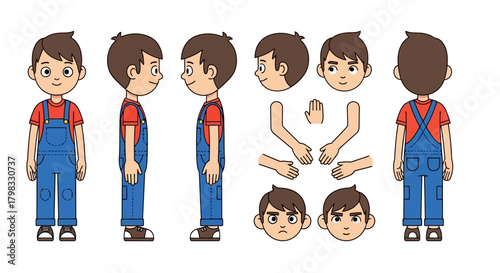 Illustration of a Young Boy Character Design Sheet with Different Angles and Facial Expressions