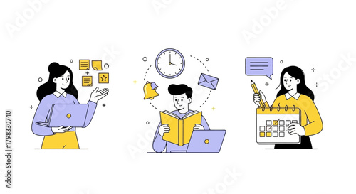 Diverse professionals managing tasks with laptops, calendars, and notes